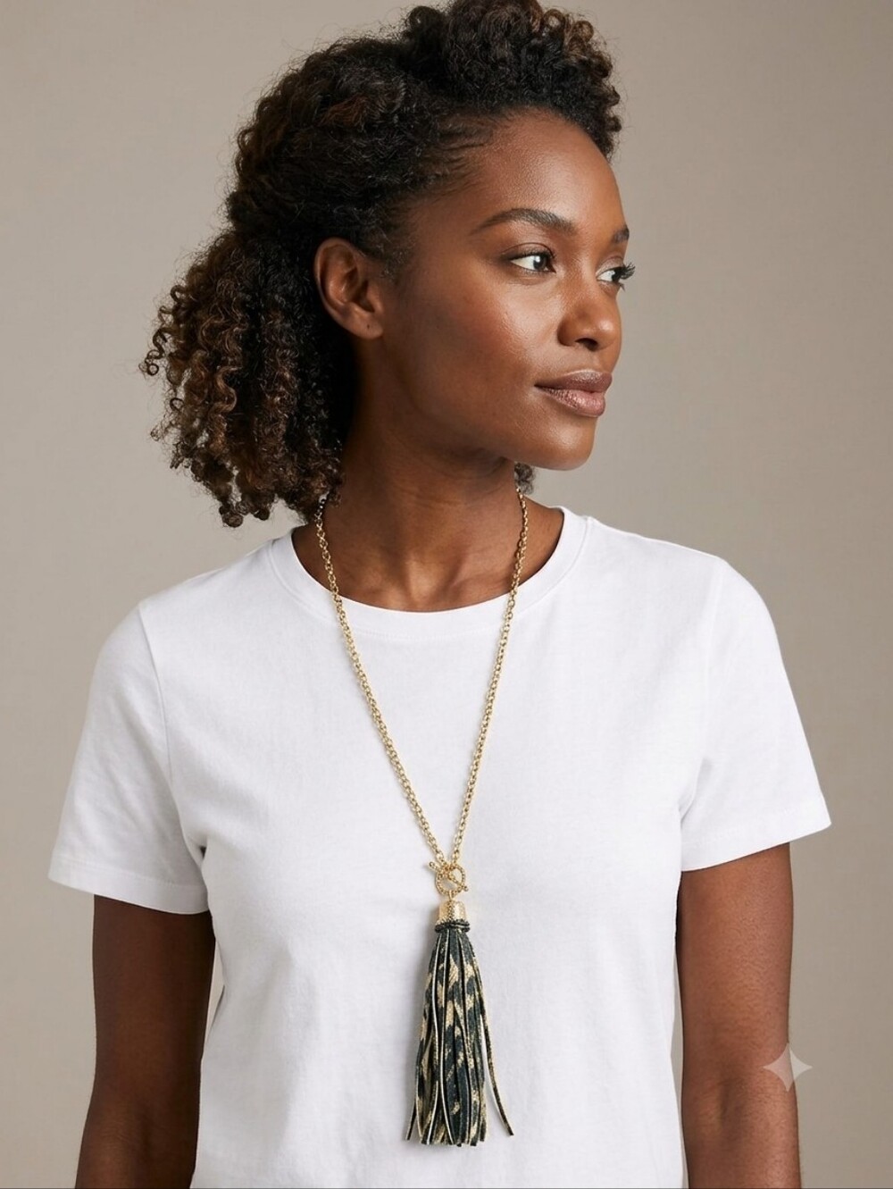 Long Gold Paperclip Chain Leopard Print Leather Tassel Necklace Toggle Clasp